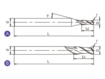 A-R2/RS2/RL2 Твердосплавная концевая фреза для обработки алюминия A-R2/RS2/RL2 (радиус на торце, 2 канавки)