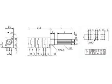 Поворотный потенциометр  WH9011A-6-18T (с металлическим нарезным валом, 9 мм)