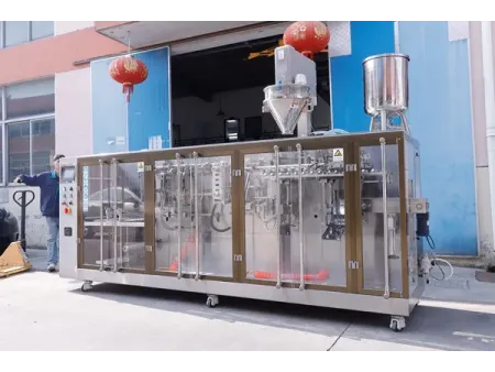 Горизонтальная фасовочно-упаковочная машина для пауч-пакетов с зип-замком с одной дозирующей головкой