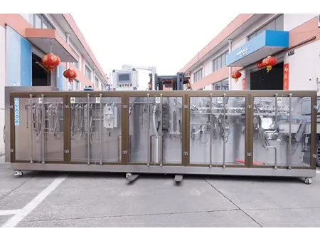 Сервоприводная машина для упаковки в пауч-пакеты с зип-замком из рулонной плёнки с двумя наполнительными головками